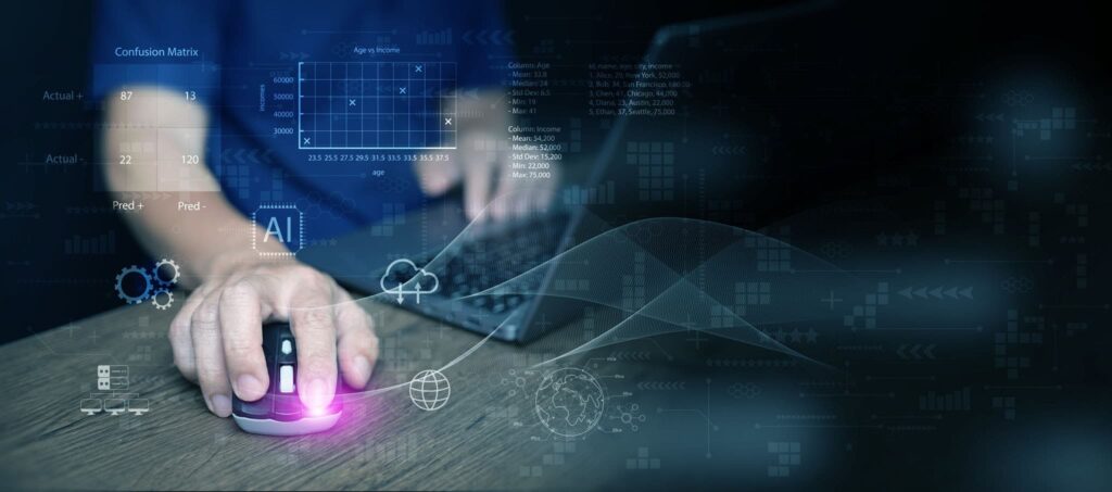 Data scientist developing machine learning models on laptop.