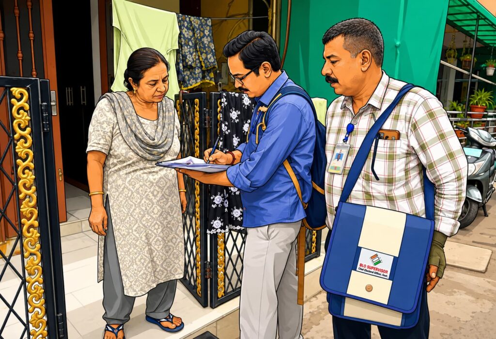 BLOs conducting household enumeration visits. Source: Hindustan Times / Hindustan Times via Getty Images 