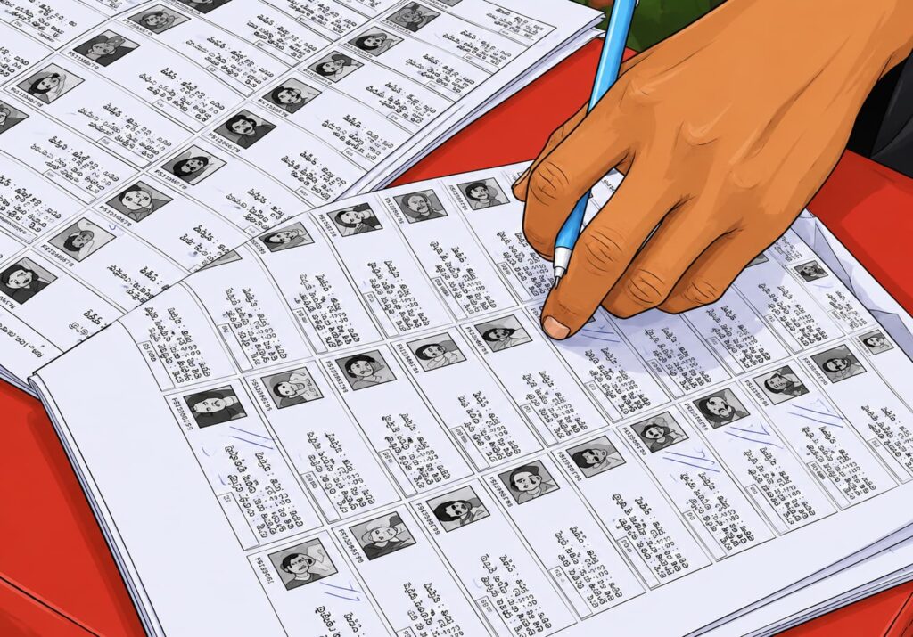 Checking voter roll listings during verification.